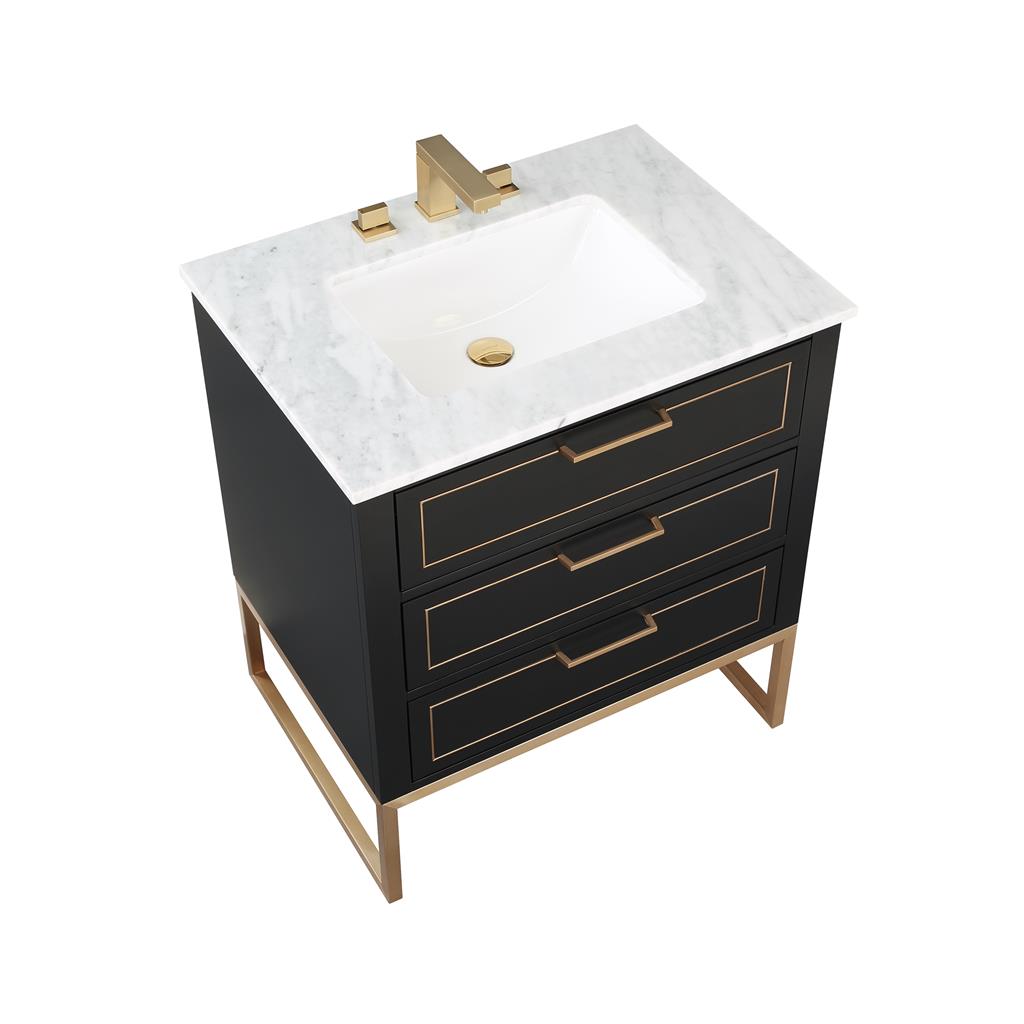 Bemma, Markham 30" Single Vanity, Midnight Black/Satin Brass,Carrara Marble Top#top-options_carrara-marble-top