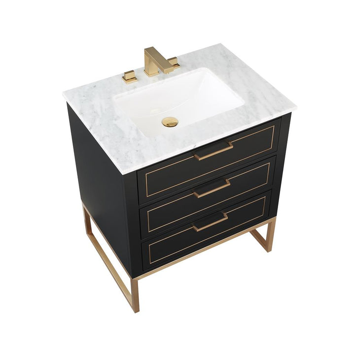 Bemma, Markham 30" Single Vanity, Midnight Black/Satin Brass,Carrara Marble Top#top-options_carrara-marble-top