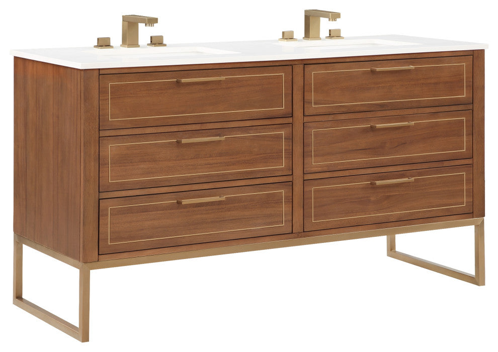 Markham 60" Double Vanity, Walnut/Satin Brass