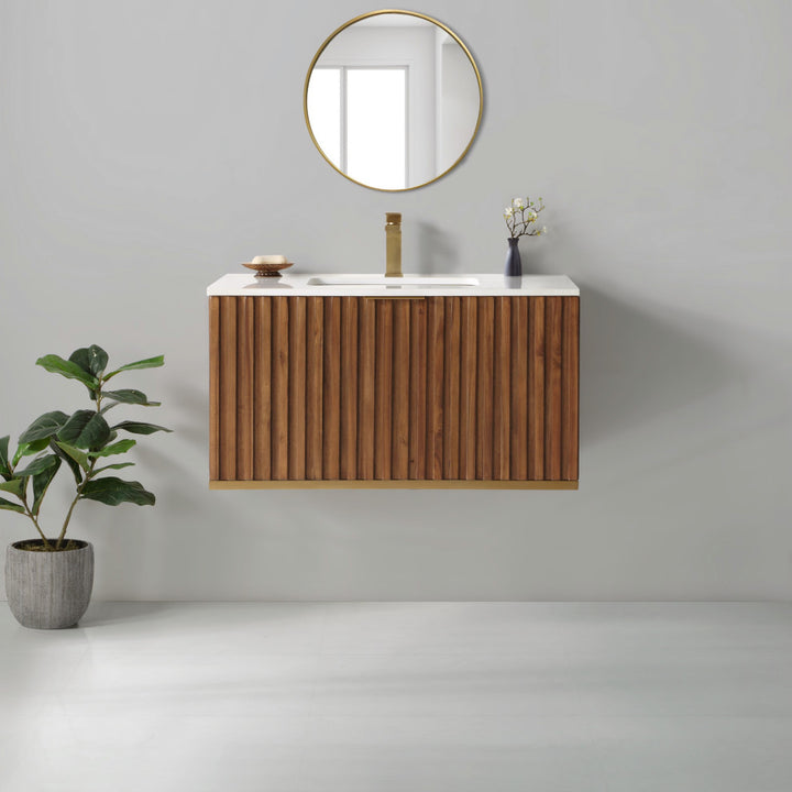 Terra 36" Single Floating Vanity, Walnut/Satin Brass