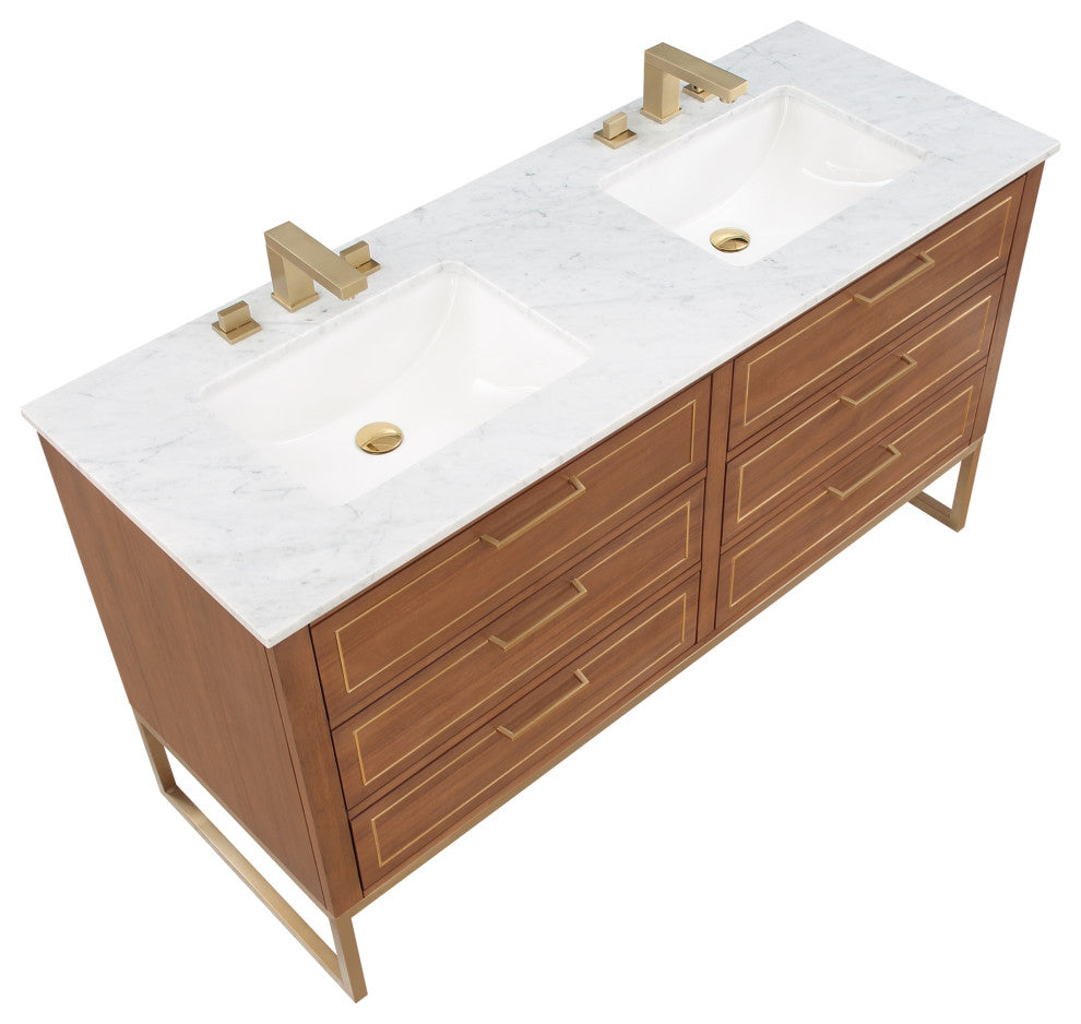 Markham 60" Double Vanity, Walnut/Satin Brass