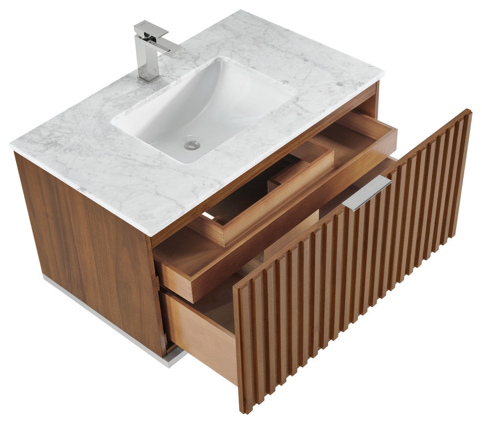 Terra 36" Single Floating Vanity, Walnut/Brushed Nickel