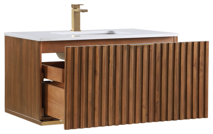 Terra 36" Single Floating Vanity, Walnut/Satin Brass