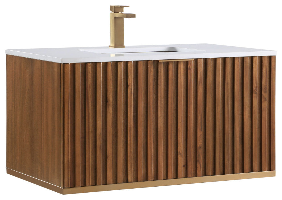 Terra 36" Single Floating Vanity, Walnut/Satin Brass