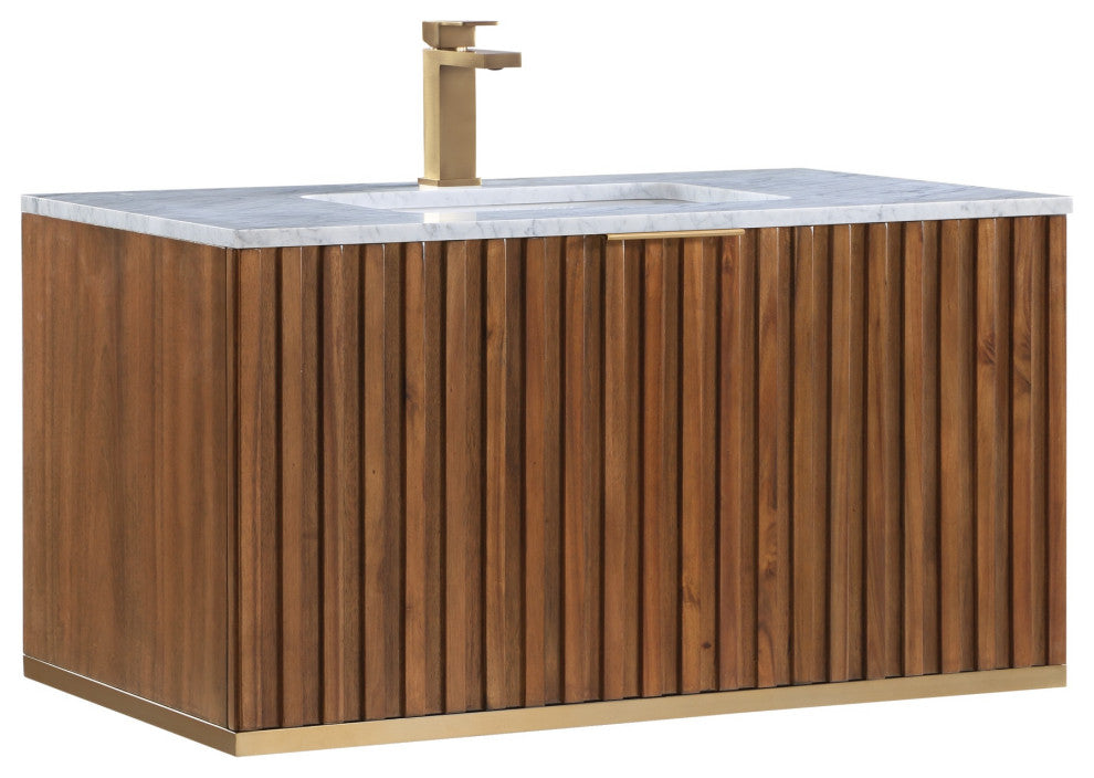 Terra 36" Single Floating Vanity, Walnut/Satin Brass