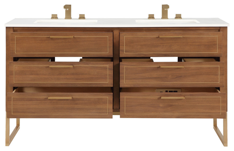 Markham 60" Double Vanity, Walnut/Satin Brass