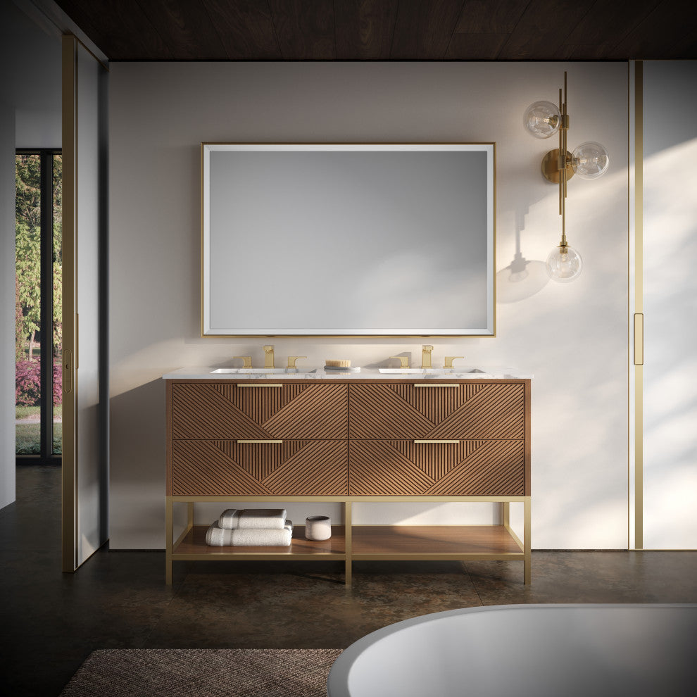 Diamond 60" Double Vanity, Walnut/Satin Brass