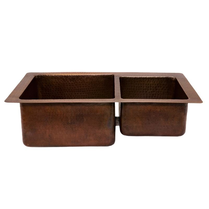 33" Hammered Copper Kitchen 60/40 Double Basin Sink with Matching Drains