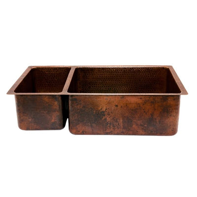 33" Hammered Copper Kitchen 25/75 Double Basin Sink with Matching Drains