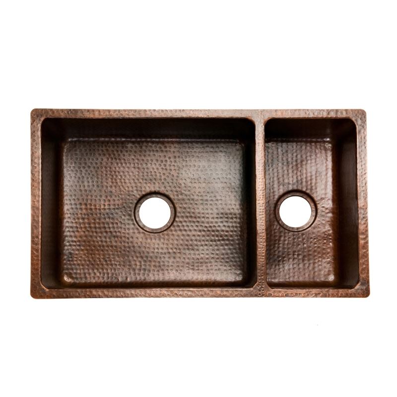 33" Hammered Copper Kitchen 75/25 Double Basin Sink with Matching Drains