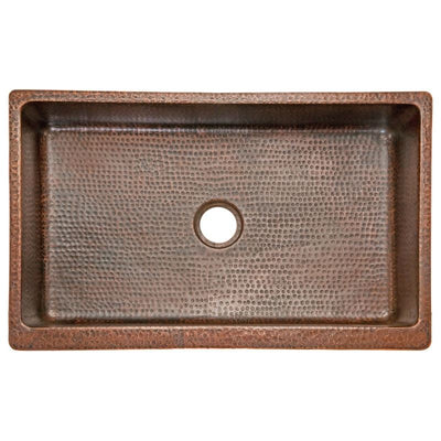 35" Hammered Copper Kitchen Apron Single Basin Sink with Scroll Design