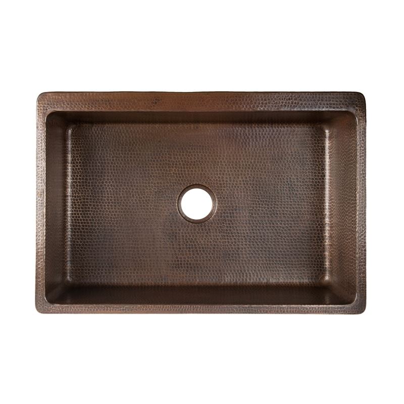 33" Hammered Copper Kitchen Apron Single Basin Sink w Matching Drain