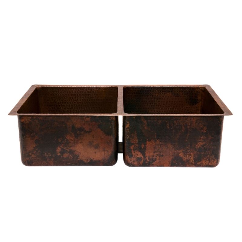 33" Hammered Copper Kitchen 50/50 Double Basin Sink with Matching Drains