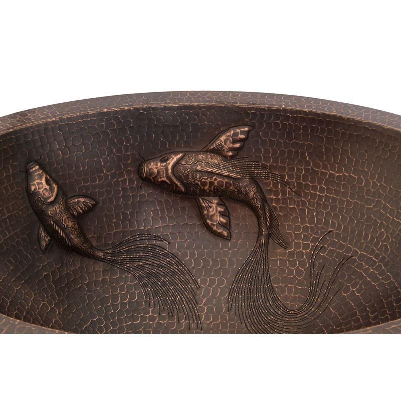 Oval Under Counter Hammered Copper Bathroom Sink with Koi Fish Design