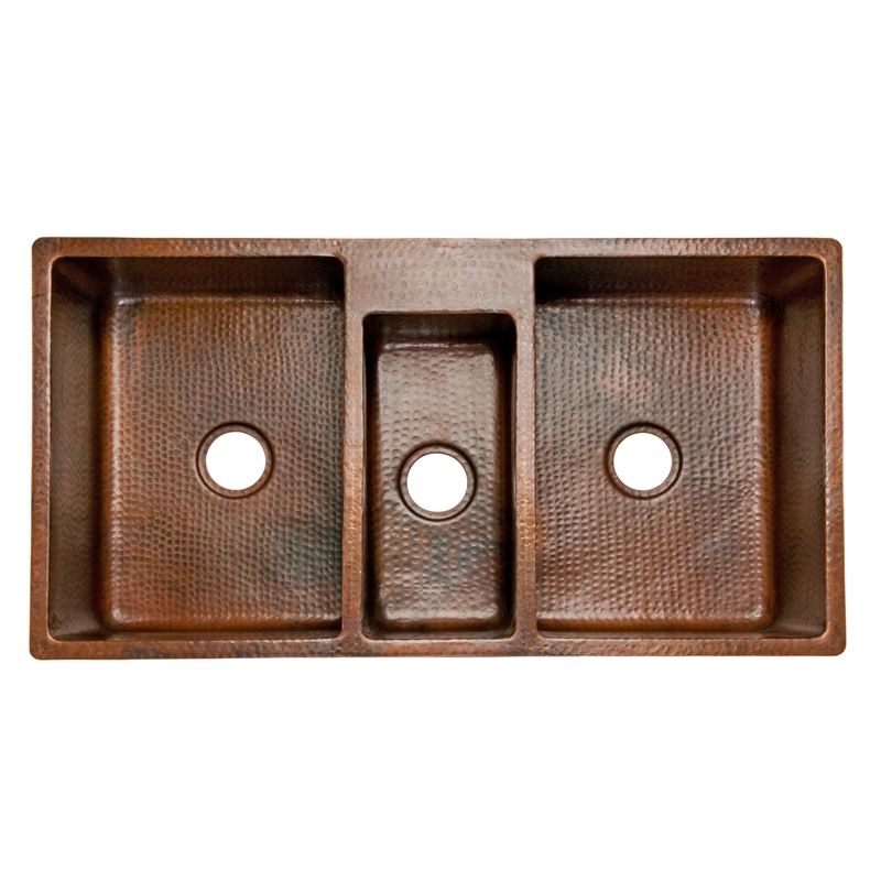 42" Hammered Copper Kitchen Triple Basin Sink w Matching Drains