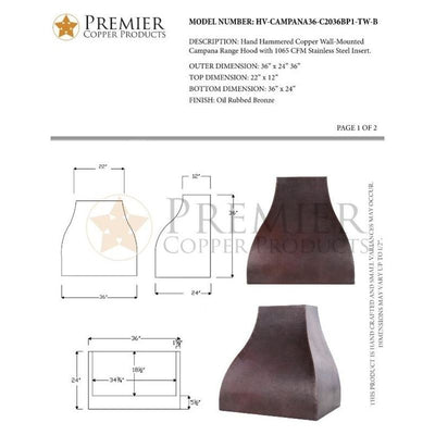 36" 1065 CFM Copper Campana Range Hood with Baffle Filters