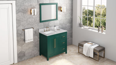 36" Forest Green Cade Vanity, left offset, White Carrara Marble Vanity Top